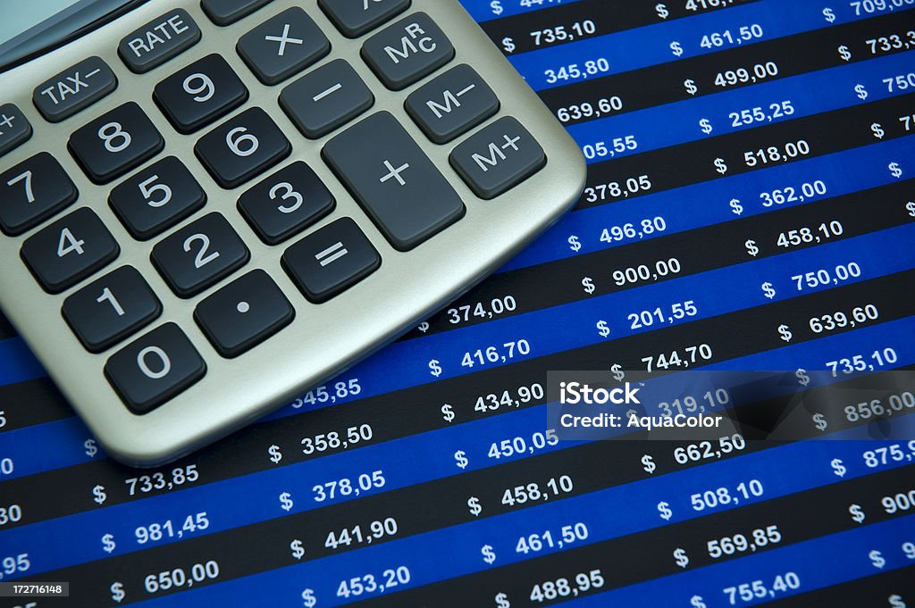 Calculation Price list & calculator. Blue Stock Photo
