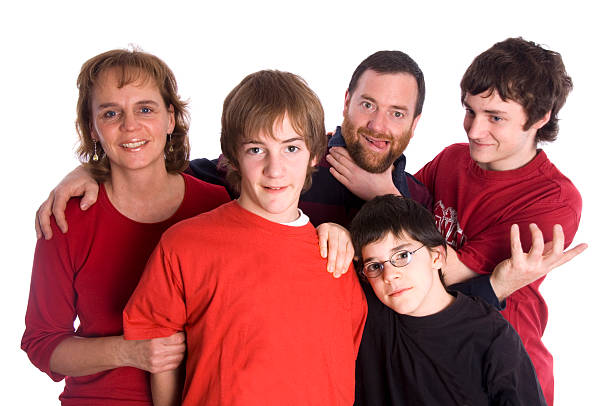 Family with three sons "Parents with three sons , isolated on white background, more pics of that family:" woman strangles man stock pictures, royalty-free photos & images