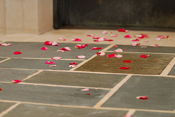 Trail of fallen rose petals over slate floor leading to closed door.