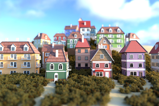 Little houses on the mountain. 3D rendering.