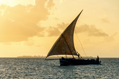 taditional dhow sailing vessels at sunrise sunset returning leaving harbour transporting goods in the inter coastal waters of tanzania and zanzibar