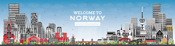 ilustrações de stock, clip art, desenhos animados e ícones de norway city skyline with gray buildings and blue sky. concept with historic and modern architecture. norway cityscape with landmarks. oslo. stavanger. trondheim. bergen. - scandinavian church front view norway