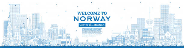 ilustrações de stock, clip art, desenhos animados e ícones de outline norway city skyline with blue buildings. concept with historic and modern architecture. norway cityscape with landmarks. oslo. stavanger. trondheim. bergen. - scandinavian church front view norway