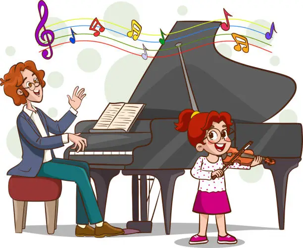 Vector illustration of vector illustration of man playing piano and girl playing violin