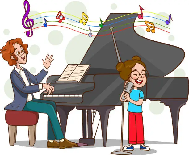 Vector illustration of vector illustration of man playing piano and kids singing
