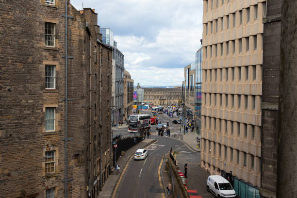 Edinburgh, Scotland, UK - August 07, 2023: Waterloo Place is just on the edge of Princes Street. The panoramic views from Calton Hill have astonished and inspired visitors for centuries.