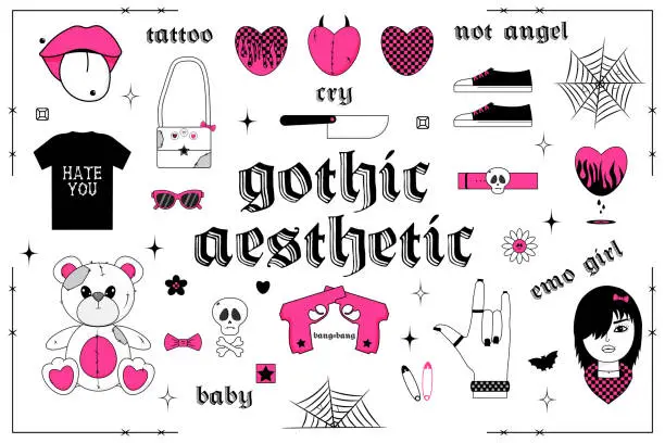 Vector illustration of Gothic aesthetic in y2k, 90s, 00s and 2000s style. Set of flat girly stickers. Bear, emo girl, heart and other elements in trendy emo goth. Pink, black, white colors. Vector art  illustration