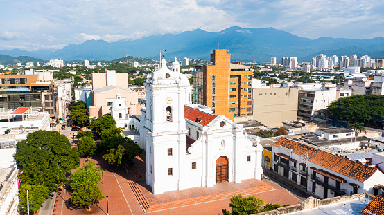 Aerial drone shot view of historic district of Santa Marta in Colombia