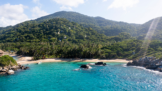 Aerial view captured by drone of Cabo San Juan coastline in Tayrona National Park, Santa Marta, Colombia