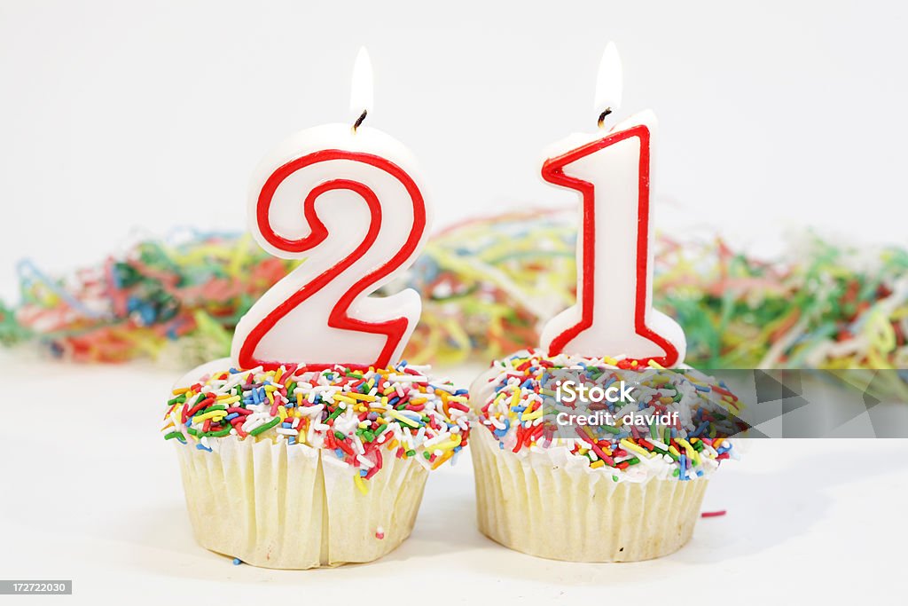 Number Twenty One Party Cake Home made party cupcakes with the number 21 in candles on top. Other images of cakes are available for viewing in the 20-24 Years Stock Photo