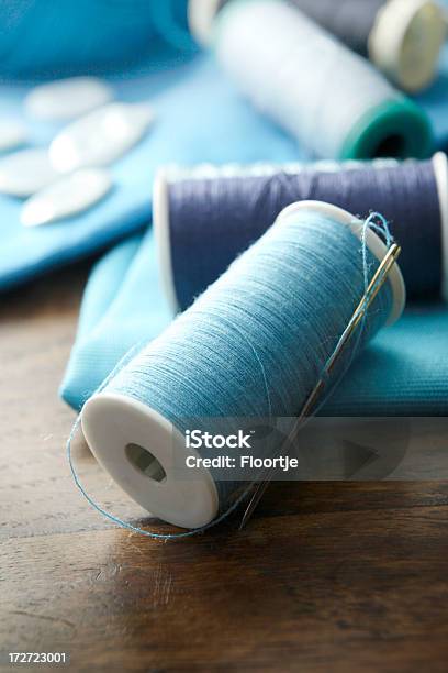 Textile Spools Of Thread Stock Photo - Download Image Now - Sewing, Thread - Sewing Item, Blue