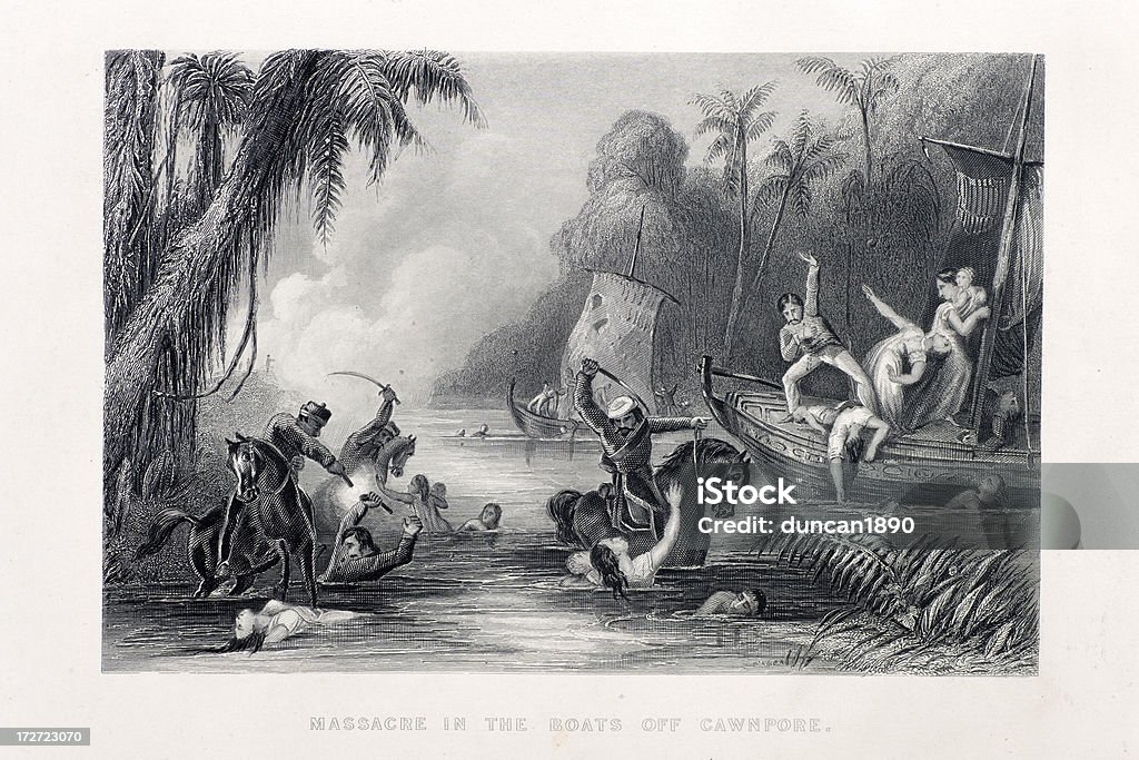 Massacre nos barcos em Cawnpore. - Ilustração de Cultura Indiana royalty-free