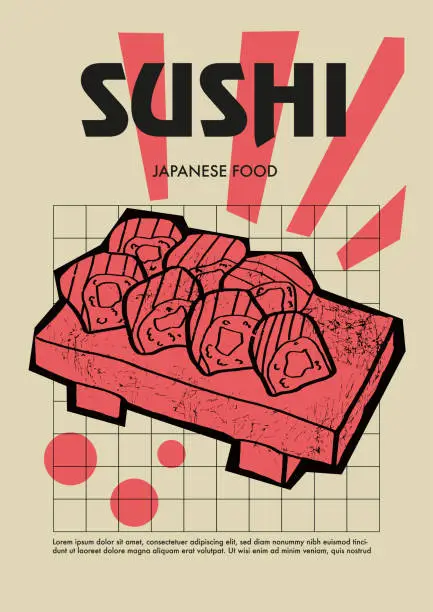 Vector illustration of Japanese sushi. Price tag or poster design. Set of vector illustrations. Typography. Engraving style. Labels, cover, t-shirt print, painting.