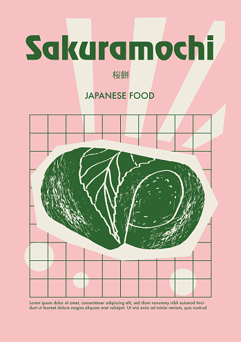 Japanese sakura mochi. Price tag or poster design. Set of vector illustrations. Typography. Engraving style. Labels, cover, t-shirt print, painting.