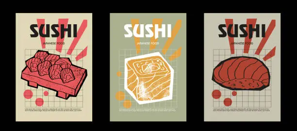 Vector illustration of Japanese sushi set. Price tag or poster design. Set of vector illustrations. Typography. Engraving style. Labels, cover, t-shirt print, painting.