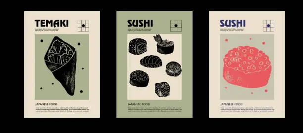 Vector illustration of Japanese temaki, sushi. Price tag or poster design. Set of vector illustrations. Typography. Engraving style. Labels, cover, t-shirt print, painting.