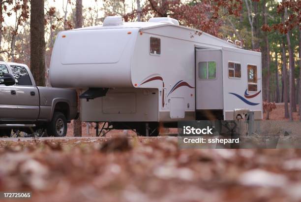 Fifth Wheel At Campsite Stock Photo - Download Image Now - Number 5, Wheel, Motor Home