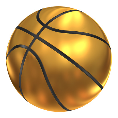 Huge rendering of gold basketball.
