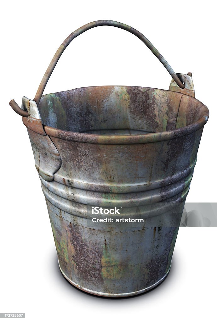 Old Rusty Bucket "Old, rusty bucket on white background. Clipping path included to isolate the bucket from the shadow." Bucket Stock Photo