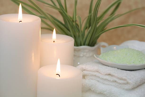 Relaxing spa scene with candles, towels, & bath salts. For more spa images click my lightbos below.