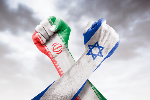 Iran vs Israel war, crisis, country flags and fist