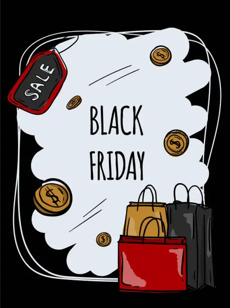 Vector illustration of Bright vector illustration for Black Friday. Postcard, banner hand drawn on a black background.