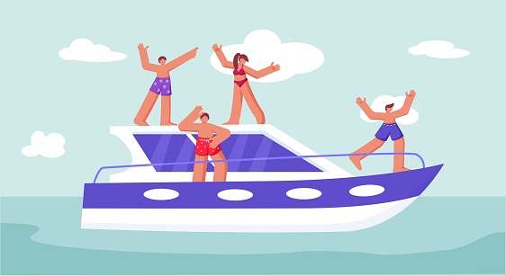Yacht cruise. Luxury ship trip. Woman and man characters jump on vacation in ocean. People travel by marine boat. Happy people. Water transport. Summer sea journey. Vector illustration recent concept
