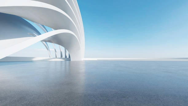 istock 3d render of abstract futuristic architecture with empty concrete floor. Scene for car presentation. 1727275588