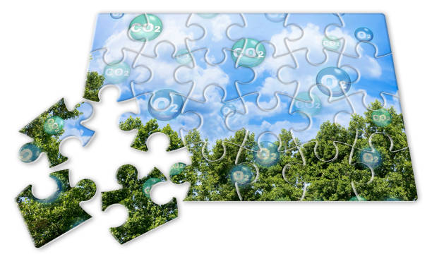 istock Tree canopy against a sky background with oxygen O2 and carbon dioxide CO2 molecules - Carbon dioxide absorption and oxygen release solution concept in jigsaw puzzle shape 1727279281