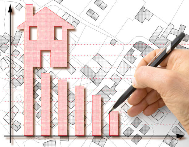 istock Housing development concept - Real estate improvement with graph, imaginary cadastral map and home icon 1727283966