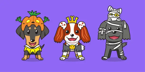 Vector illustration of Vector cartoon cute dogs with halloween costumes