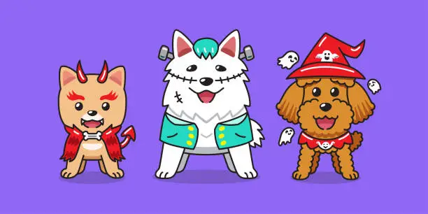 Vector illustration of Vector cartoon dogs with halloween costumes