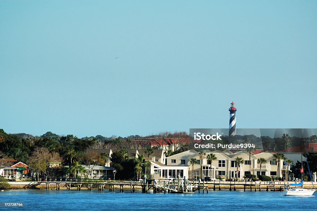 St. Augustine Florida Lighthouse Across Matanzas Bay View of Saint Augustine lighthouse on Anastasia Island from across Matanzas Bay. St. Augustine - Florida Stock Photo