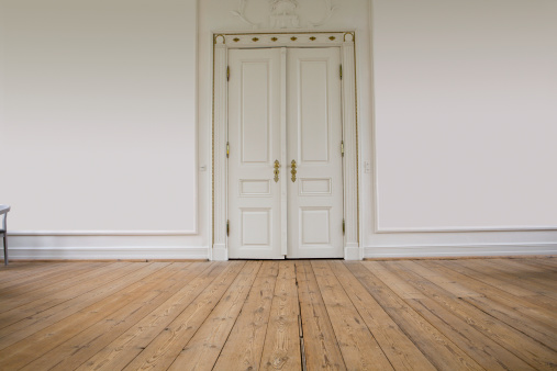 Beautiful double door in an old manor house. Old plank floor.