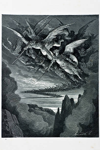 Fallen Angels Fallen angels on the wing, a scene from MIlton's Paradise lost. So numberless were those bad angels seen, Hovering on the wing, under the cope of Hell. Engraving from 1870. Engraving by Gustave Dore, Photo by D Walker. spiritual warfare stock illustrations