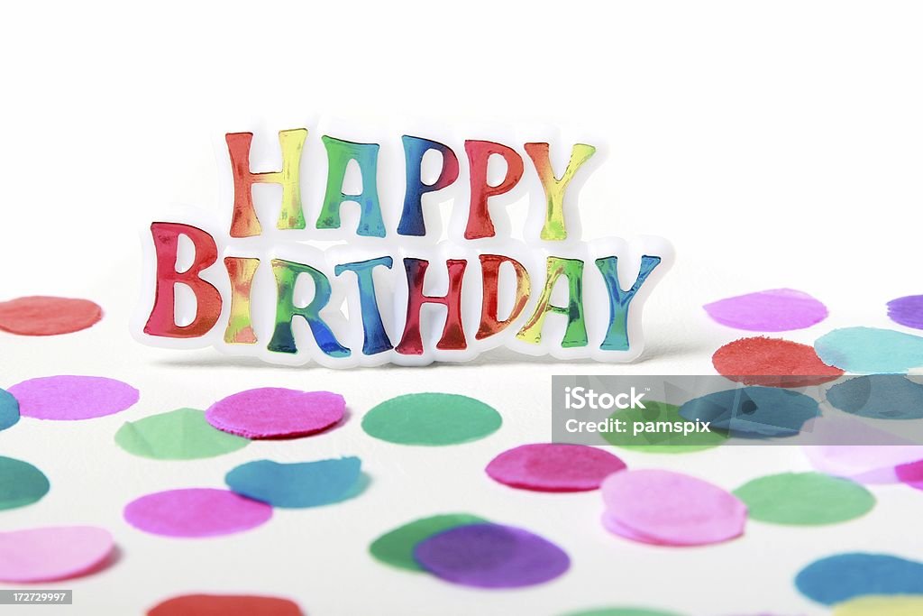 Feliz aniversário placa e Confete - Foto de stock de Aniversário royalty-free