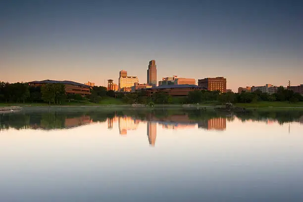 Lake in a park in downtown Omaha at dawn