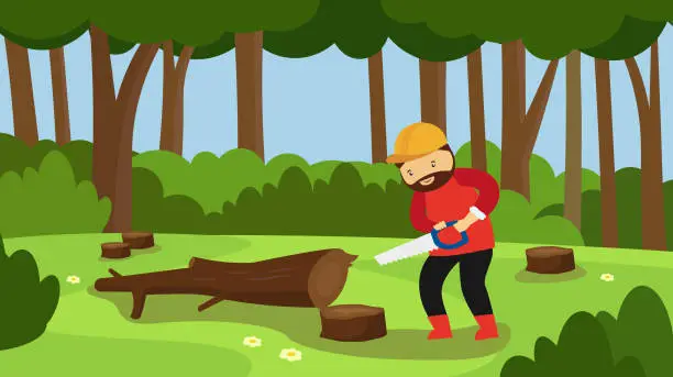 Vector illustration of Lumberjack with chainsaw in forest. Vector illustration