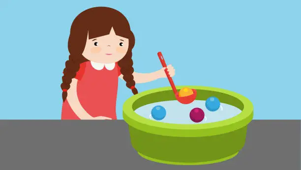 Vector illustration of little girl playing with water and bubbles in a bowl