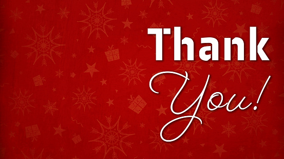 Silver white coloured Thanks note - Thank You phrase on a red horizontal background illustration. Can be used as Thanksgiving day, gratitude celebrations festive backgrounds, banners, wallpaper, gift wrapping sheet, poster ad greeting cards. There is an all over pattern of Christmas decorations like snowflakes, stars, gift boxes, swirls as watermark.