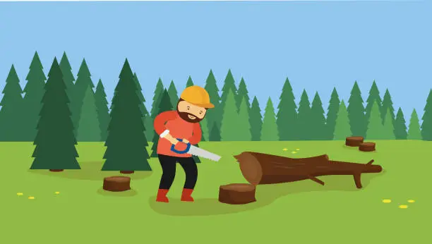 Vector illustration of Lumberjack with a chainsaw in the forest.