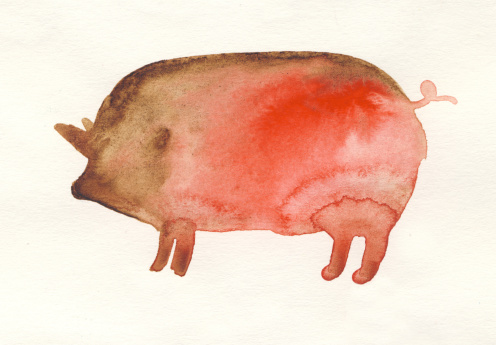 Cute pig, painted in watercolor with nice paper texture.