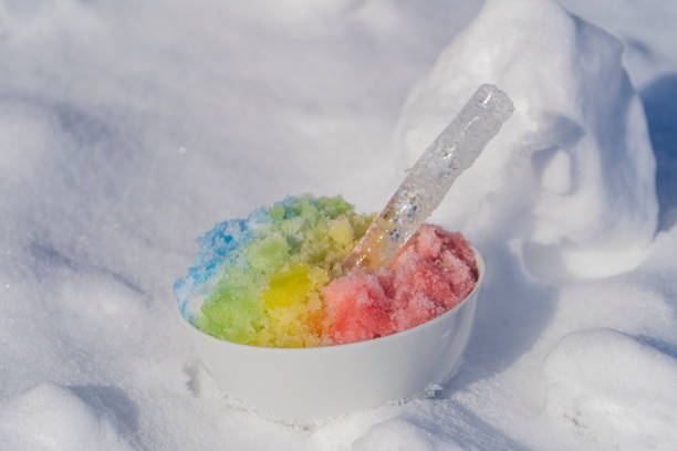 Rainbow shaved ice in dessert bowl on white snow background in winter, close up