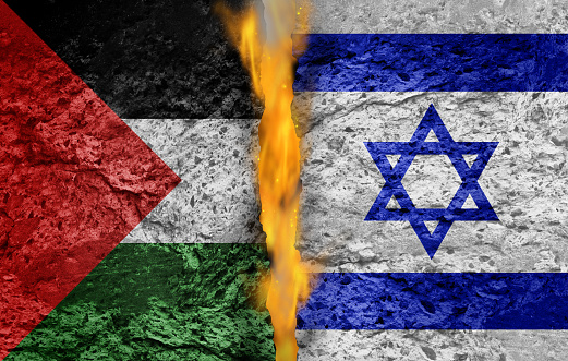 Palestine and Israel conflict as a geopolitical war and crisis between the Palestinian and Israeli people and Middle East security concept and struggling finding a diplomatic agreement.