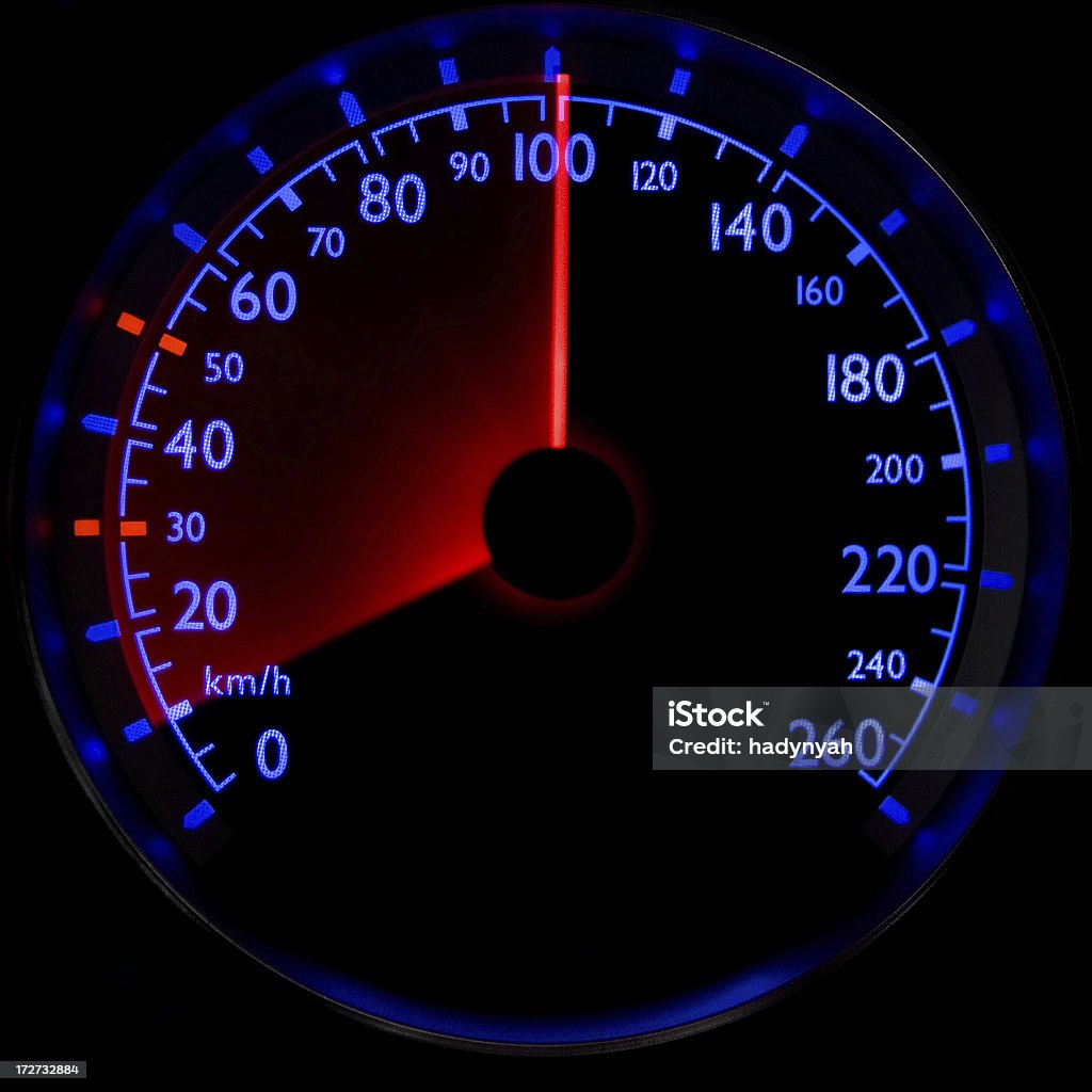 O blue velocímetro-acelerando de 10 a 100 km/h - Foto de stock de Risco royalty-free