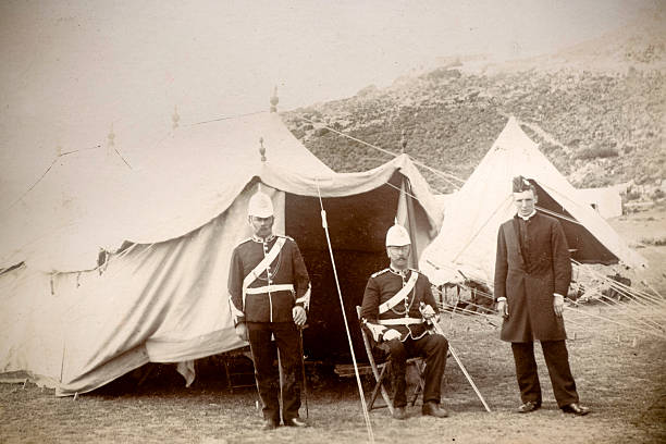 Boer War Generals Vintage photograph of British generals and an army chaplin in camp at the time of the Boer war. barracks photos stock pictures, royalty-free photos & images