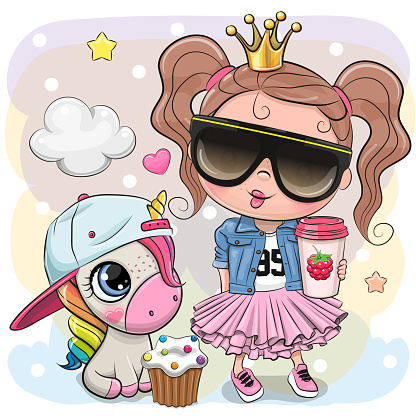 Greeting Card with Cute Cartoon fairy tale Princess in glasses and Unicorn in a cap