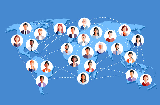 People icons connected through dotted lines in front of a blue world map. Social media and global communications concept.