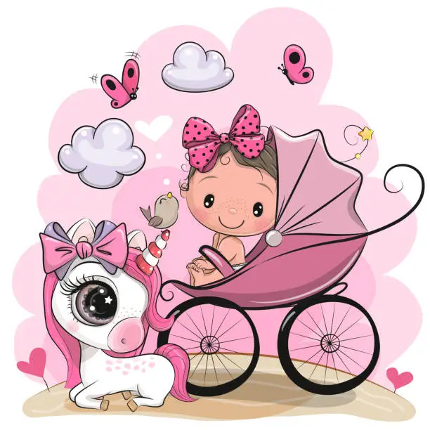 Vector illustration of Baby Girl with baby carriage and Unicorn