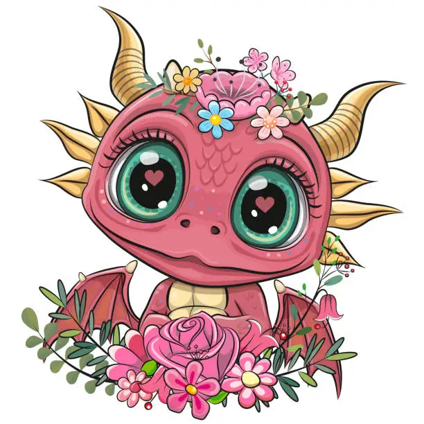 Vector illustration of Cartoon Pink Baby Dragon with flowers